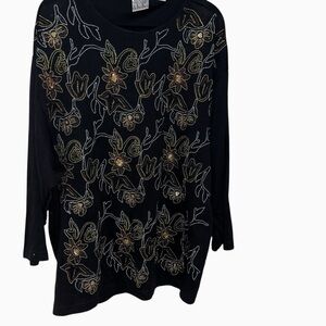 Jacque & KoKo Black Embroidered Sequin Floral Long Sleeve Top 18 20 2x Y2K tunic